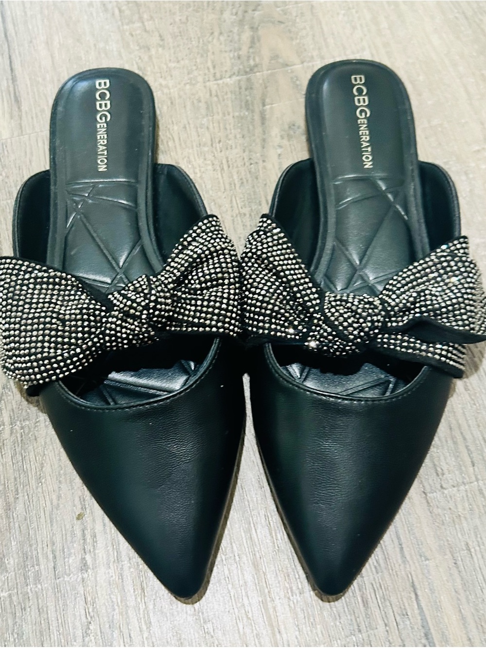 BCBGeneration Black Pointed Slip-On Flats with Studded Bow